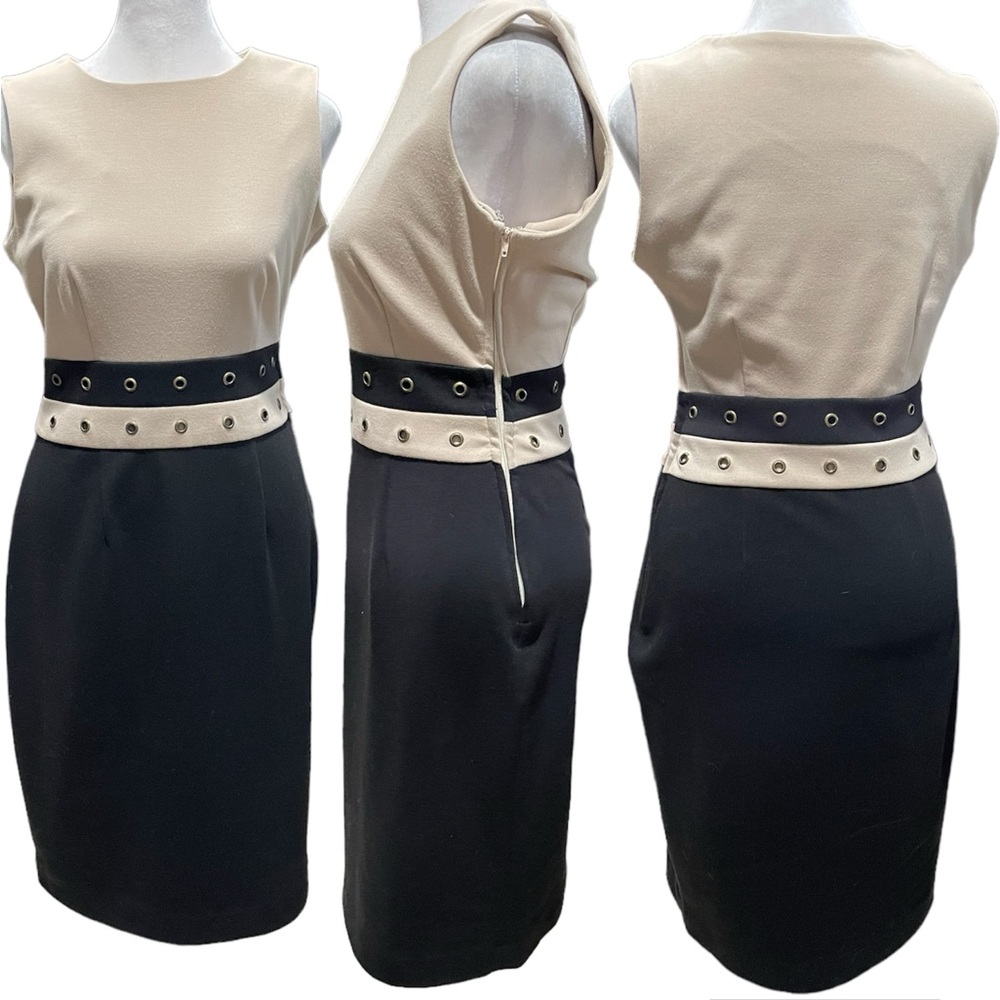 Calvin Klein Tan & Black Sleeveless Zip Side Above the Knee Dress Size 2